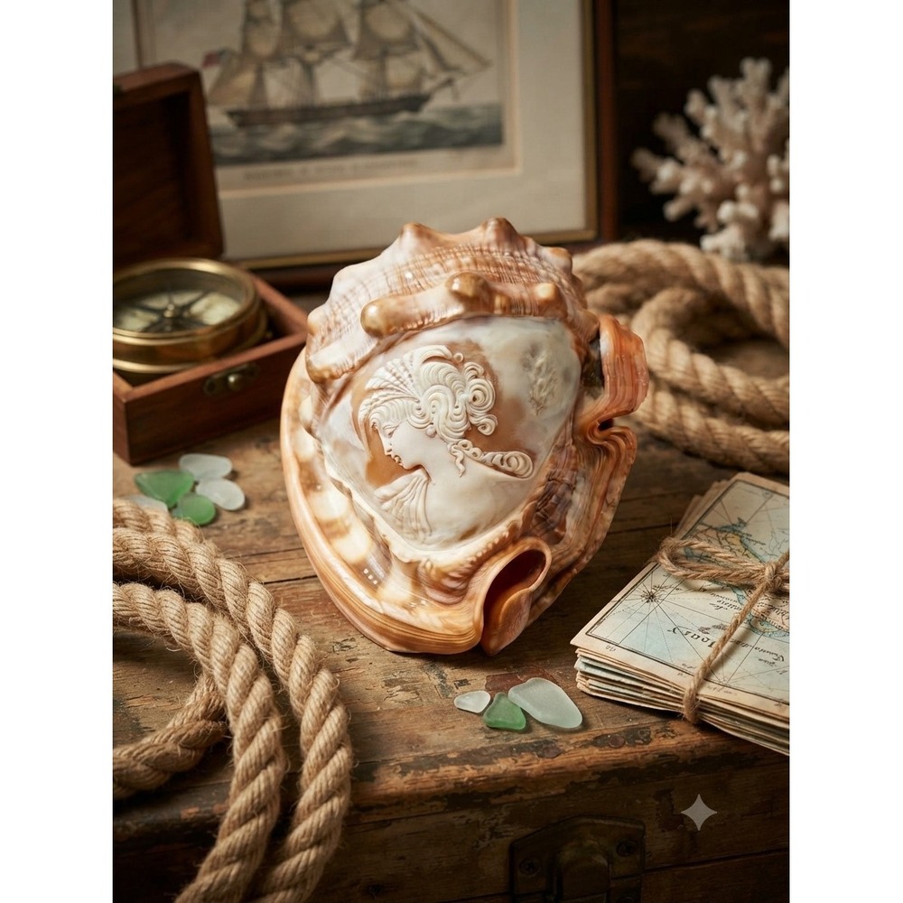 Vintage Hand Carved Conch Shell Cameo Woman Portrait Bullmouth Helmet Shell